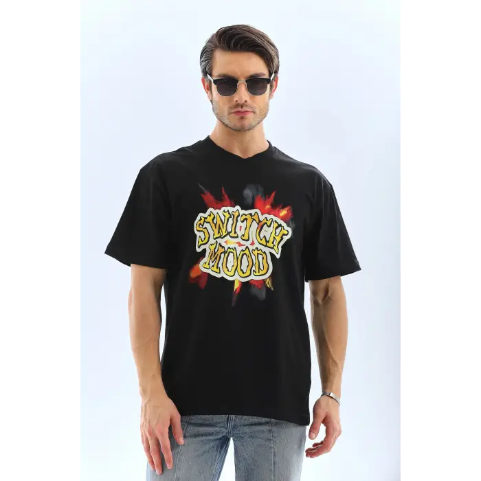 Erkek Kısa Kol Yazlık Tişört Bisiklet Yaka Baskılı Oversize T-Shirt - Siyah