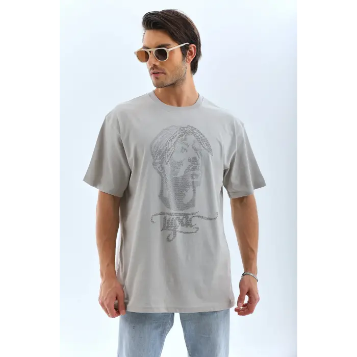 ERKEK Tişört TAŞ Detaylı Bisiklet Yaka  Kısa kol T-Shirt - Gri