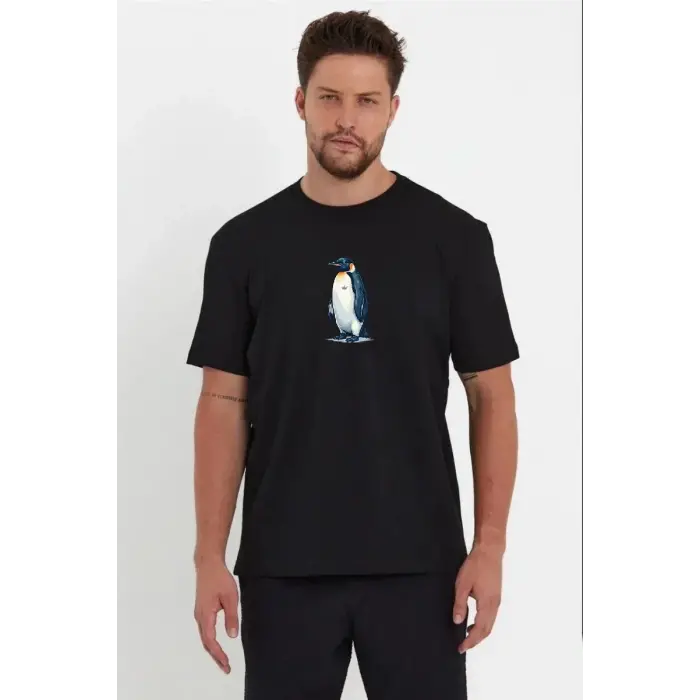 Erkek T-Shirt Penguen Baskılı Bisiklet Yaka Kısa kol yazlık Tişört - Siyah
