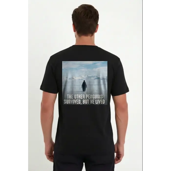 Erkek T-Shirt Penguen Baskılı Bisiklet Yaka Kısa kol yazlık Tişört - Siyah