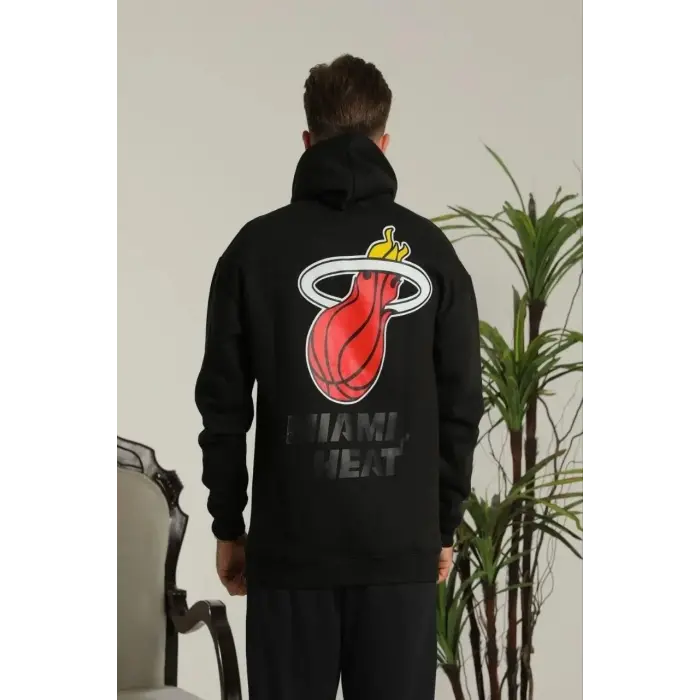 Erkek 3 İplik Pamuklu Kapüşonlu Baskılı Cepli Oversize Sweatshirt Hoodie - Siyah