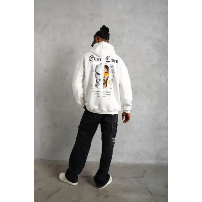 Erkek Kapüşonlu Kanguru Cepli Sweatshirt 3 İplik Pamuklu Baskılı Hoodie - Beyaz