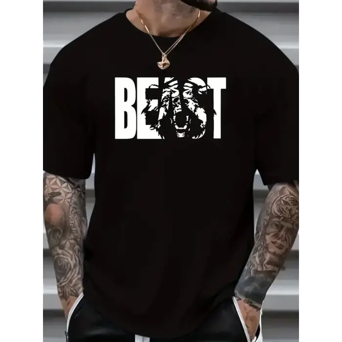 Erkek Baskılı Tişört Kısa Kol Bisiklet Yaka Oversize T-Shirt - Siyah