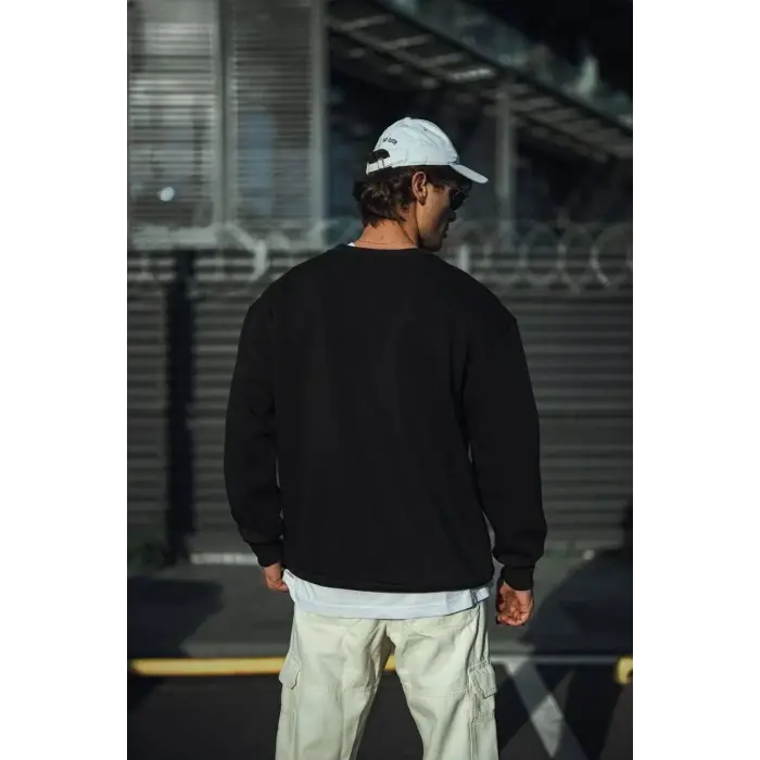Erkek pamuklu Bisiklet Yaka 3 İplik Basic SweatShirt - Siyah