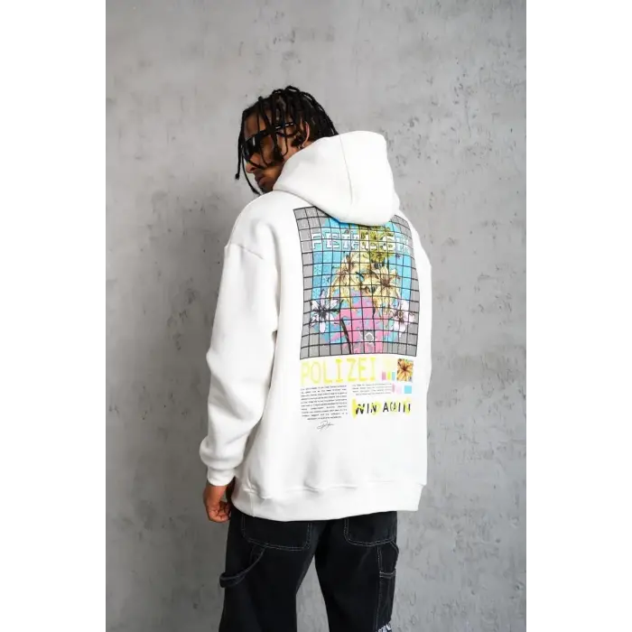 Erkek 3 İplik Pamuklu Kapüşonlu Baskılı Cepli Oversize Sweatshirt Hoodie - Beyaz