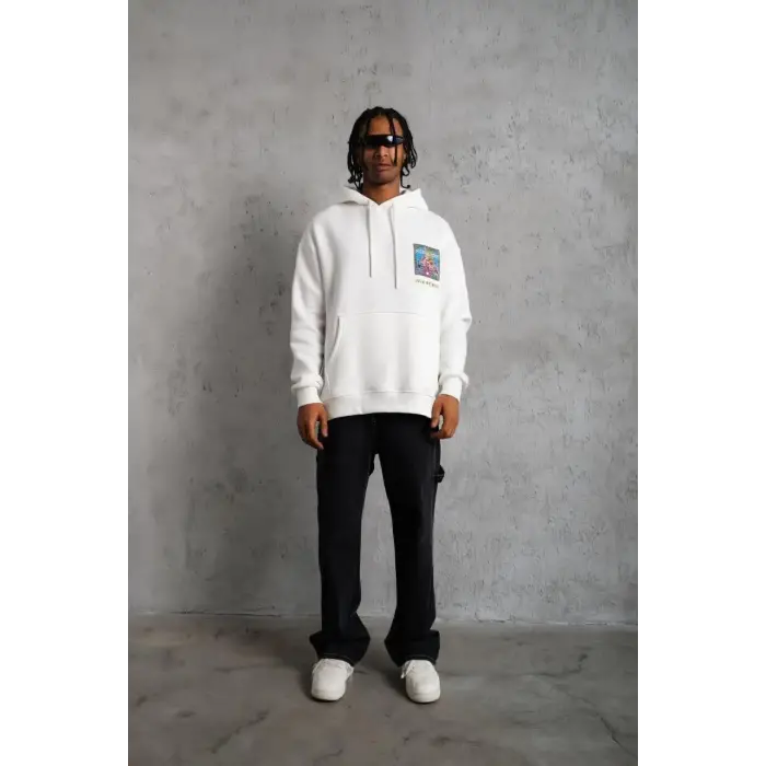 Erkek 3 İplik Pamuklu Kapüşonlu Baskılı Cepli Oversize Sweatshirt Hoodie - Beyaz