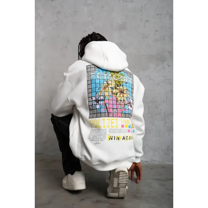 Erkek 3 İplik Pamuklu Kapüşonlu Baskılı Cepli Oversize Sweatshirt Hoodie - Beyaz