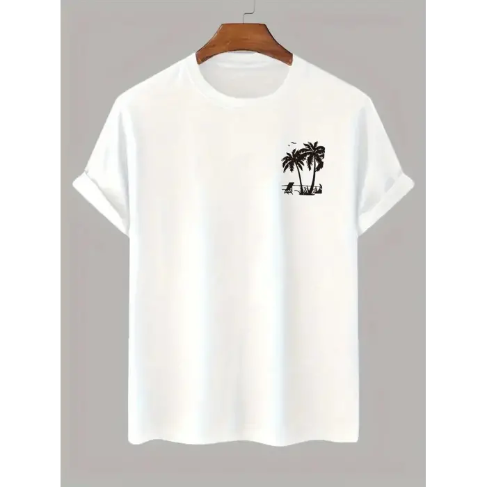 Erkek Kısa Kol Yazlık Tişört Bisiklet Yaka Palmiye Baskılı T-Shirt - Beyaz
