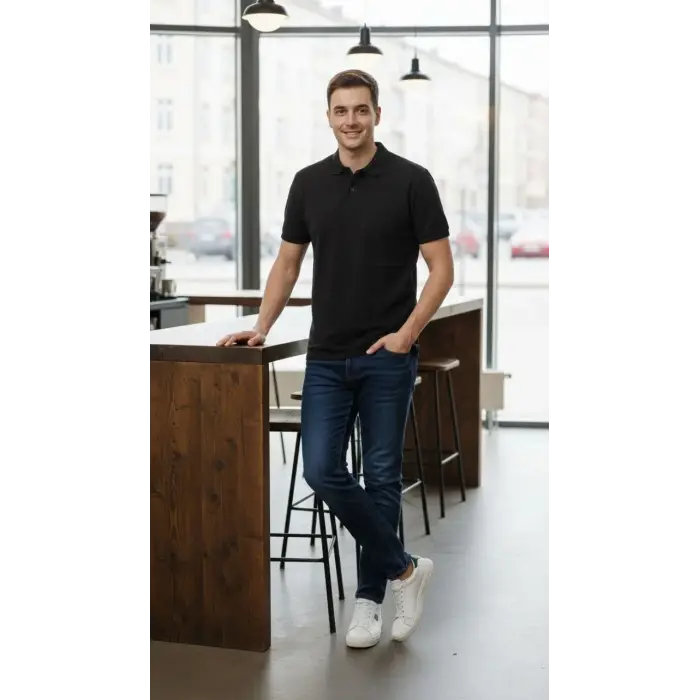 Erkek Polo Yaka Düğmeli Pike Kumaş Tişört Regular Fit Kısa Kol T-Shirt - Siyah