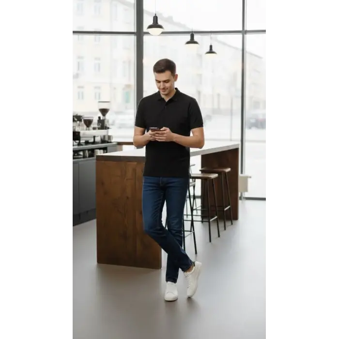 Erkek Polo Yaka Düğmeli Pike Kumaş Tişört Regular Fit Kısa Kol T-Shirt - Siyah