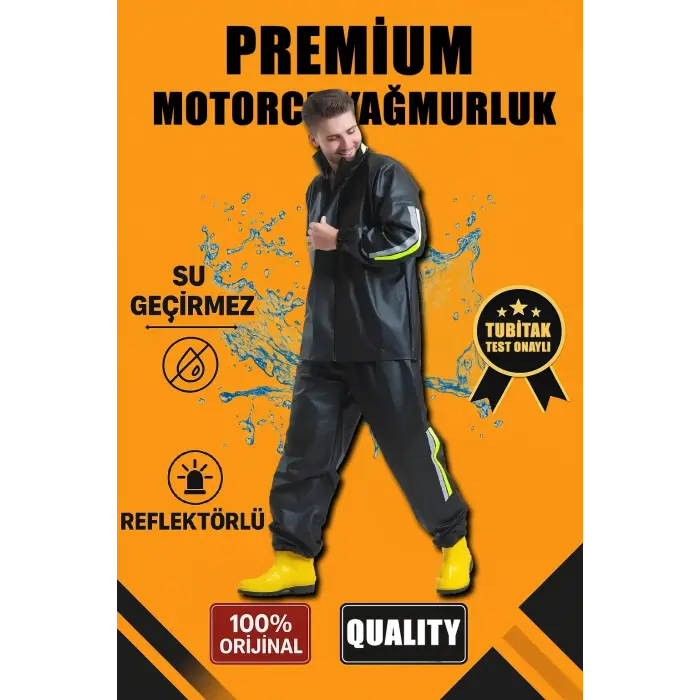 Erkek Premium Motorcu Kurye Yağmurluk Takım Su Geçirmez PVC Kumaş Reflektörlü  - Siyah