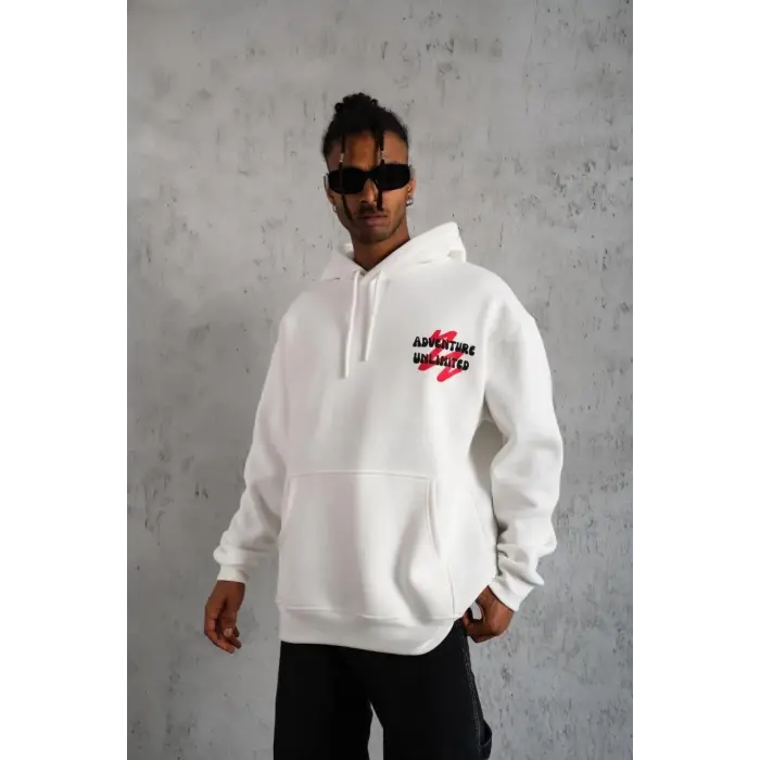Erkek 3 İplik Pamuklu Kapüşonlu Baskılı Cepli Oversize Sweatshirt Hoodie - Beyaz