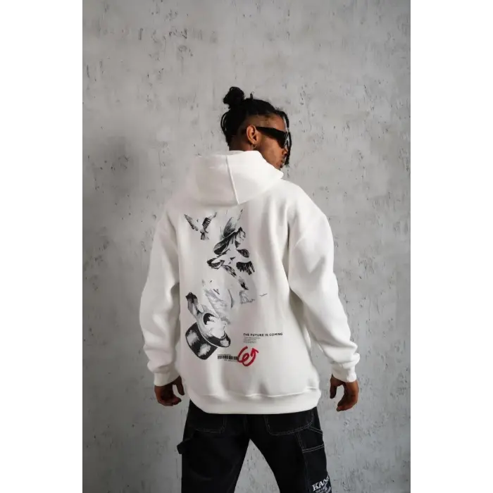 Erkek 3 İplik Pamuklu Kapüşonlu Baskılı Cepli Oversize Sweatshirt Hoodie - Beyaz