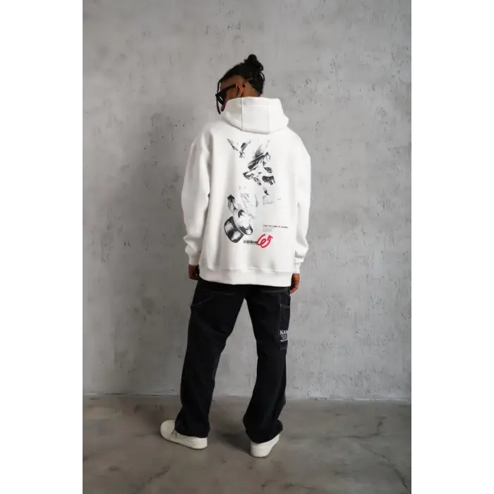 Erkek 3 İplik Pamuklu Kapüşonlu Baskılı Cepli Oversize Sweatshirt Hoodie - Beyaz