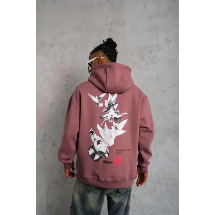 Erkek 3 İplik Pamuklu Kapüşonlu Baskılı Cepli Oversize Sweatshirt Hoodie - Gül Kurusu