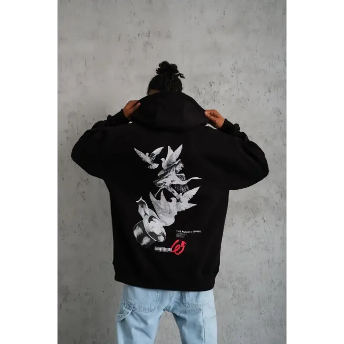 Erkek 3 İplik Pamuklu Kapüşonlu Baskılı Cepli Oversize Sweatshirt Hoodie - Siyah
