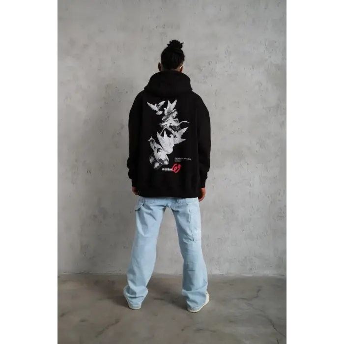 Erkek 3 İplik Pamuklu Kapüşonlu Baskılı Cepli Oversize Sweatshirt Hoodie - Siyah