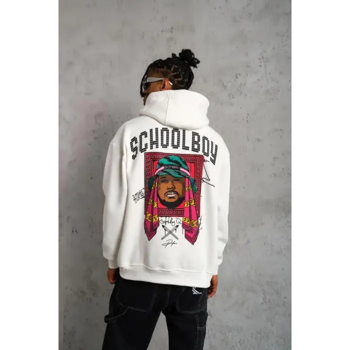 Erkek 3 İplik Pamuklu Kapüşonlu Baskılı Cepli Oversize Sweatshirt Hoodie - Beyaz