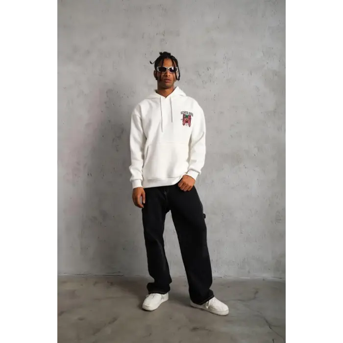 Erkek 3 İplik Pamuklu Kapüşonlu Baskılı Cepli Oversize Sweatshirt Hoodie - Beyaz