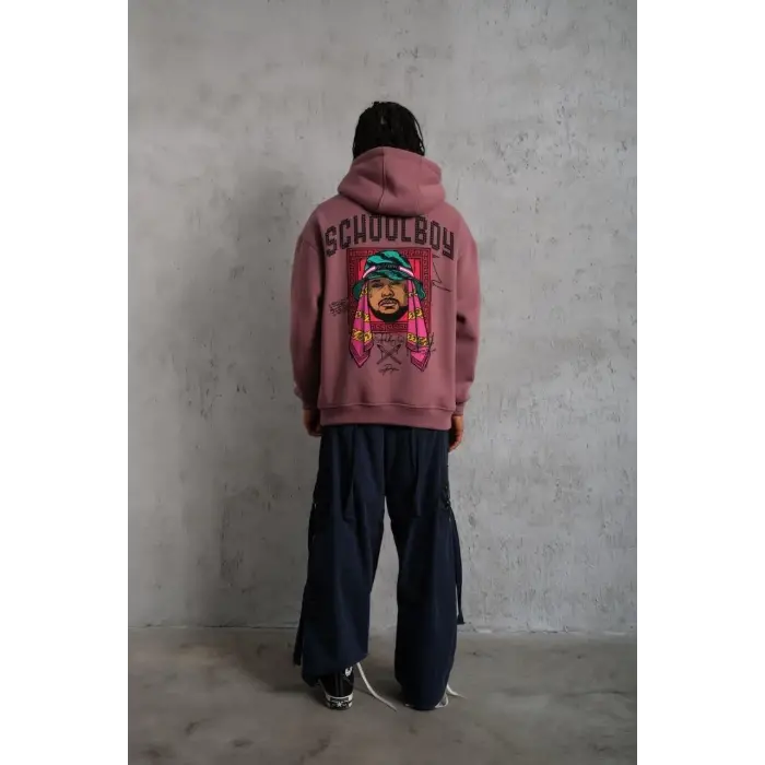 Erkek 3 İplik Pamuklu Kapüşonlu Baskılı Cepli Oversize Sweatshirt Hoodie - Gül Kurusu