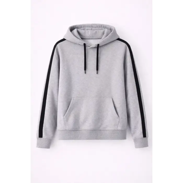 Erkek Şeritli Kapüşonlu Sweatshirt Oversize 3 iplik Pamuklu Hoodie - Gri