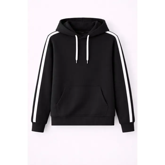 Erkek Şeritli Kapüşonlu Sweatshirt Oversize 3 iplik Pamuklu Hoodei - Siyah