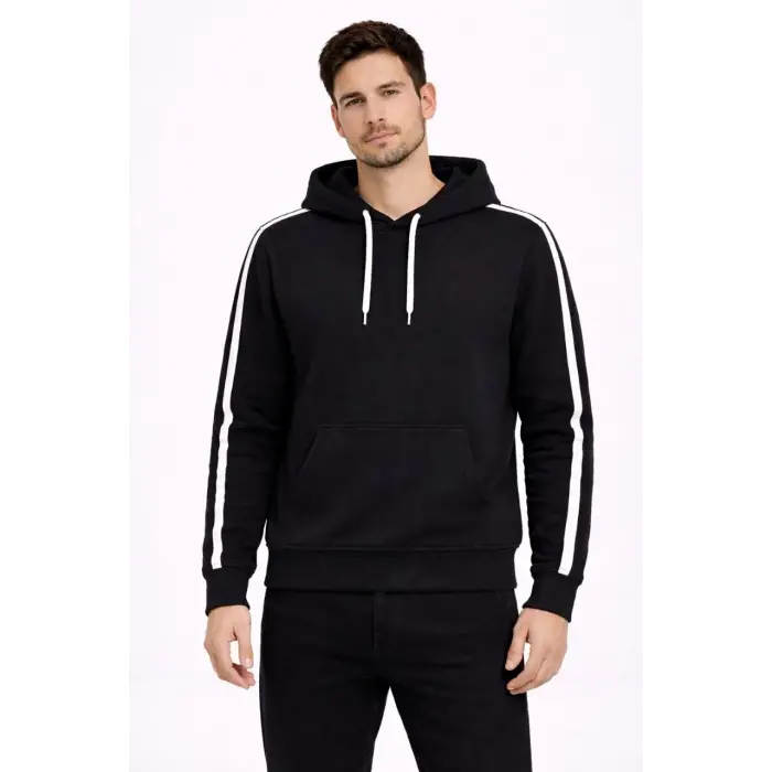 Erkek Şeritli Kapüşonlu Sweatshirt Oversize 3 iplik Pamuklu Hoodei - Siyah