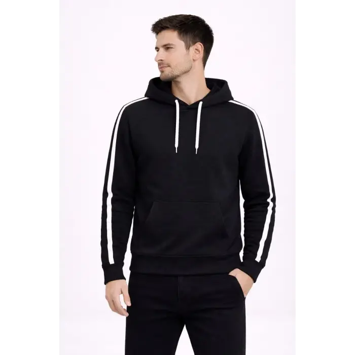 Erkek Şeritli Kapüşonlu Sweatshirt Oversize 3 iplik Pamuklu Hoodei - Siyah