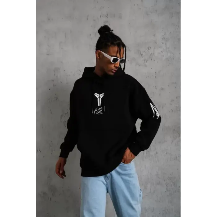 Erkek 3 İplik Pamuklu Kapüşonlu Kanguru Cepli Baskılı Oversize Hoodie Sweatshirt - Siyah