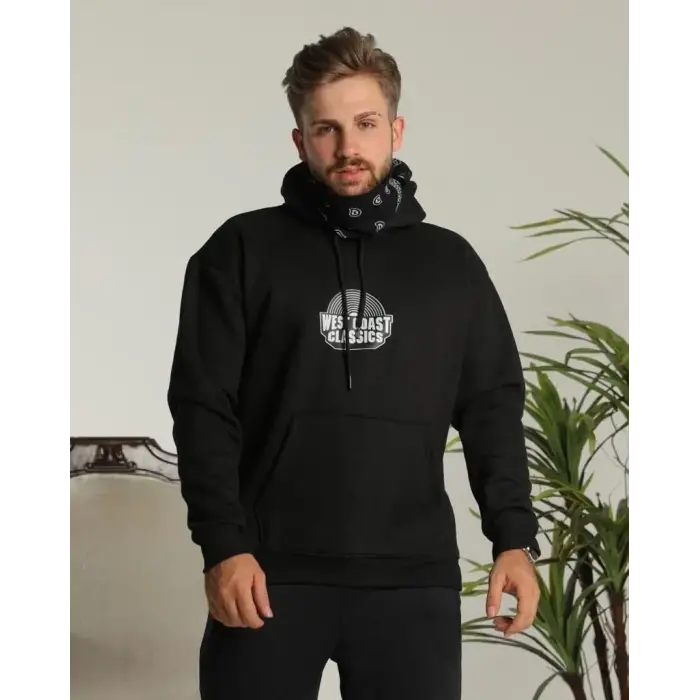Erkek 3 İplik Pamuklu Kapüşonlu Baskılı Cepli Oversize Sweatshirt Hoodie - Siyah