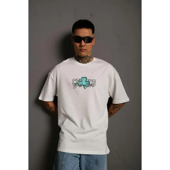 Erkek Kısa Kol Yazlık Tişört Bisiklet Yaka Baskılı Oversize T-Shirt - Beyaz