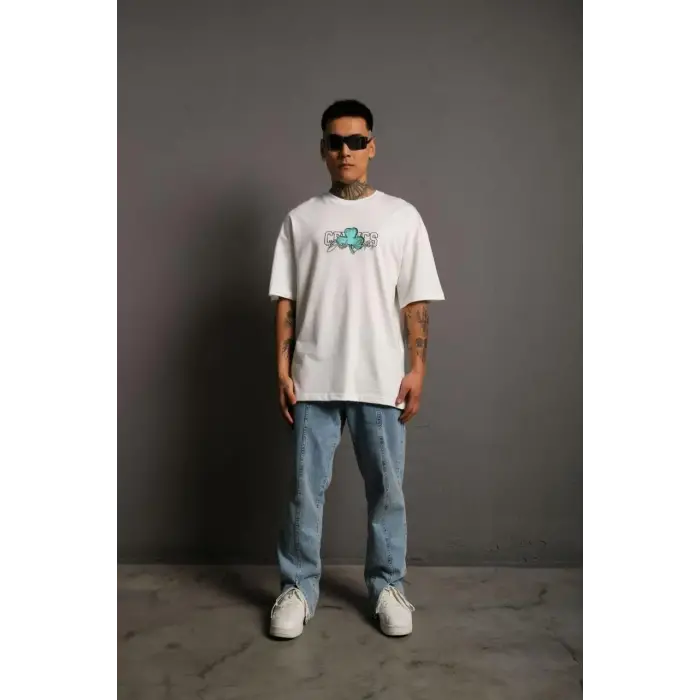 Erkek Kısa Kol Yazlık Tişört Bisiklet Yaka Baskılı Oversize T-Shirt - Beyaz