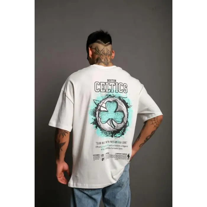 Erkek Kısa Kol Yazlık Tişört Bisiklet Yaka Baskılı Oversize T-Shirt - Beyaz