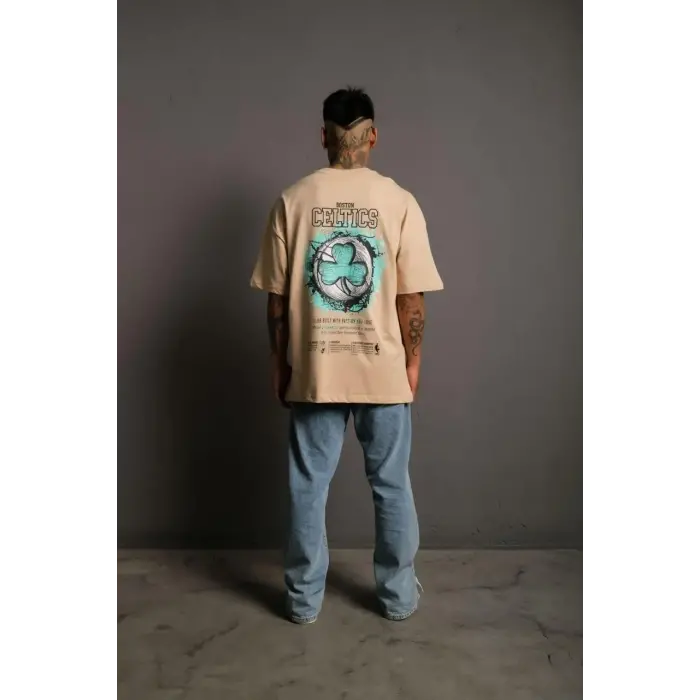 Erkek Kısa Kol Yazlık Tişört Bisiklet Yaka Baskılı Oversize T-Shirt - Bej