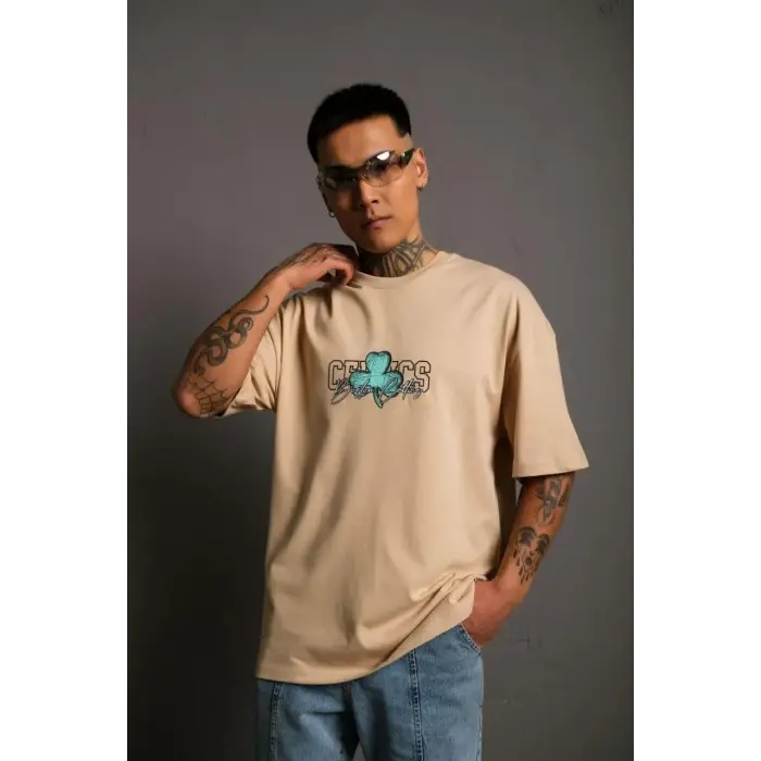 Erkek Kısa Kol Yazlık Tişört Bisiklet Yaka Baskılı Oversize T-Shirt - Bej