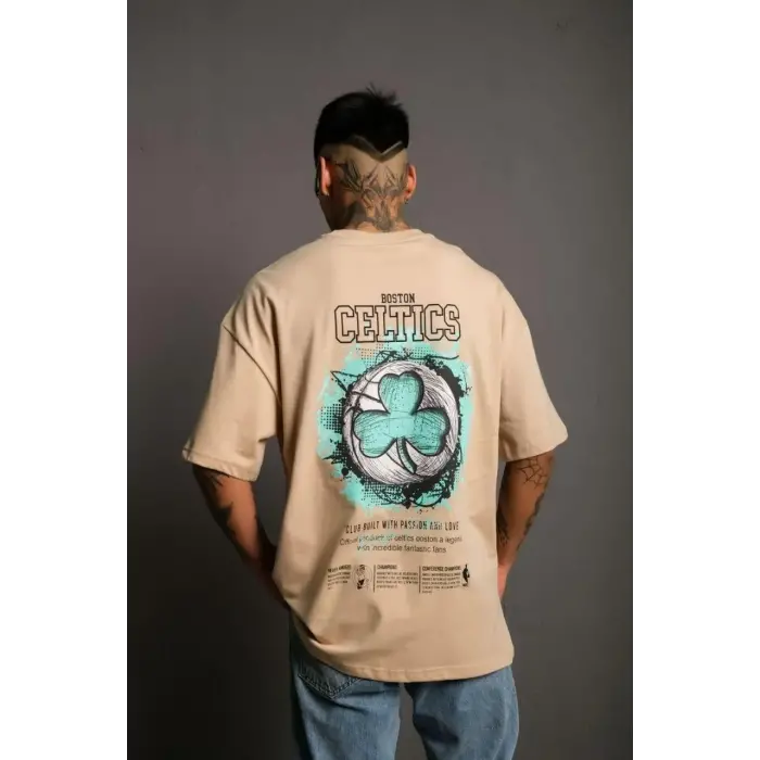 Erkek Kısa Kol Yazlık Tişört Bisiklet Yaka Baskılı Oversize T-Shirt - Bej