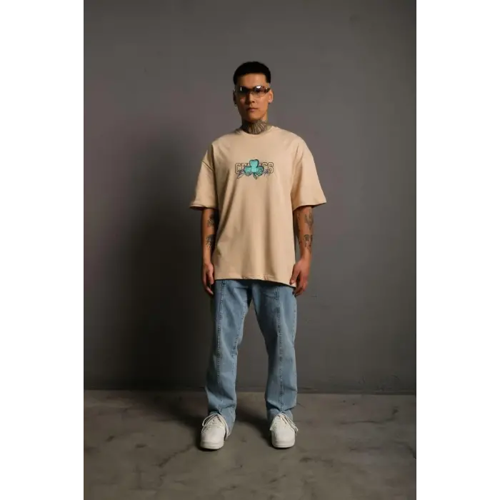 Erkek Kısa Kol Yazlık Tişört Bisiklet Yaka Baskılı Oversize T-Shirt - Bej