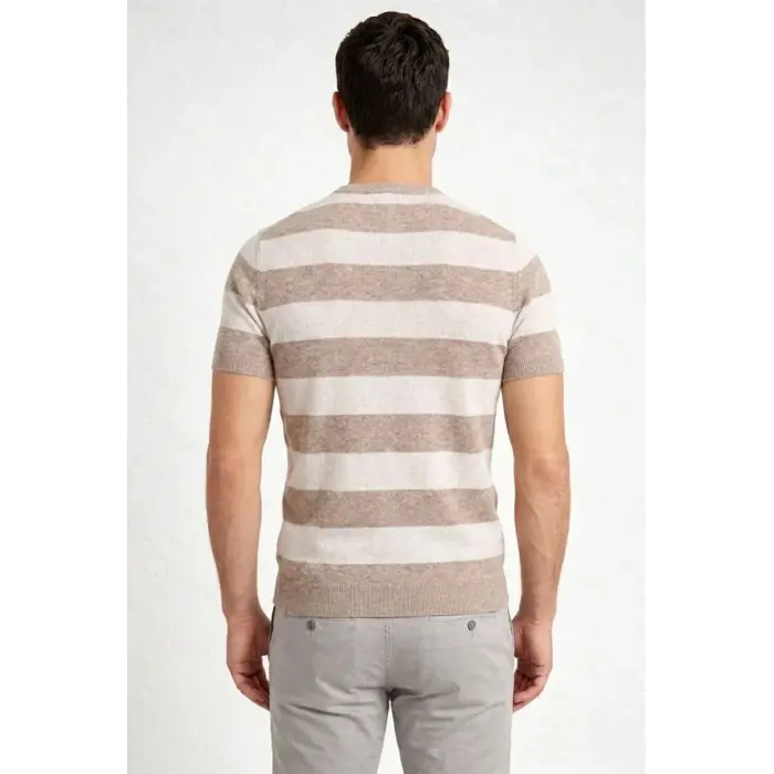 Erkek T-shirt Çizgili Triko  Kısa Kol Yazlık Dokuma Bisiklet Yaka Tişört - Bej