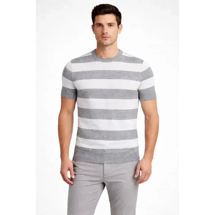 Erkek T-shirt Çizgili Kısa Kol Yazlık Triko Dokuma Bisiklet Yaka Tişört - Gri