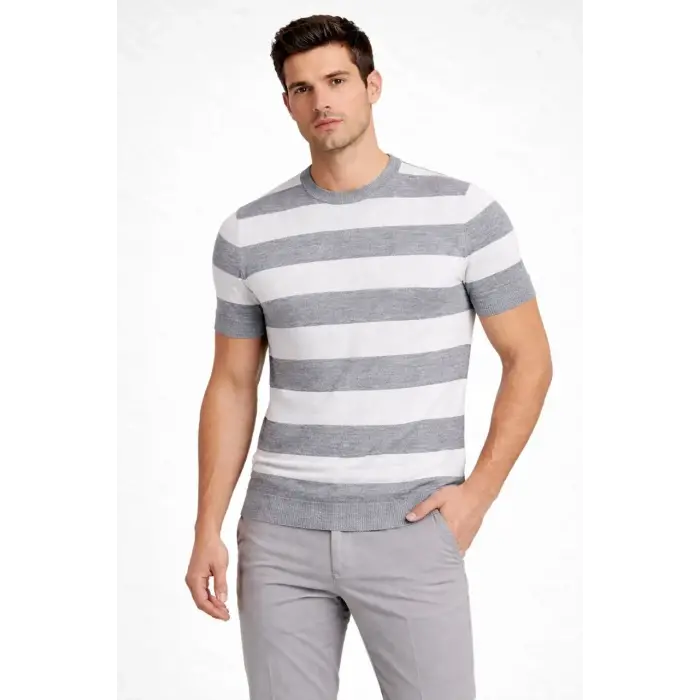 Erkek T-shirt Çizgili Kısa Kol Yazlık Triko Dokuma Bisiklet Yaka Tişört - Gri