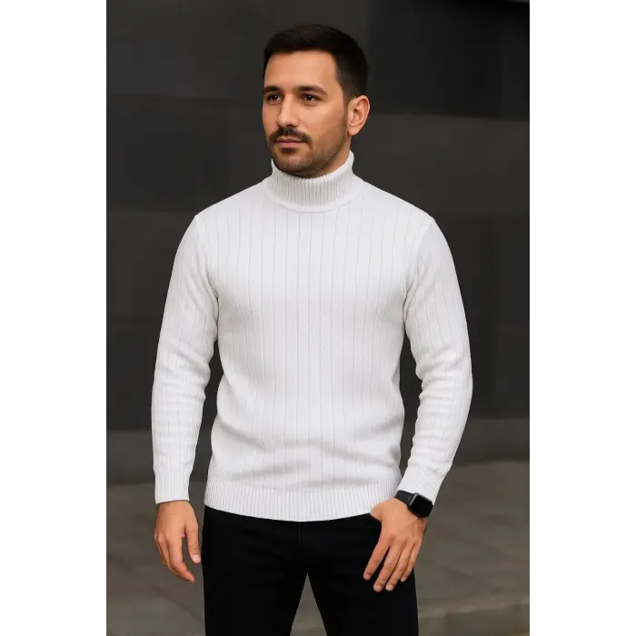 Erkek Tam Boğazlı Balıkçı Yaka Triko Kazak Kalın Fitilli - Beyaz