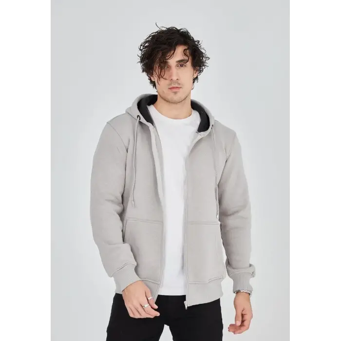Erkek 3 İplik Pamuklu Kapüşonlu Tam Fermuarlı Cepli Hoodie Sweatshirt - Boyalı Gri