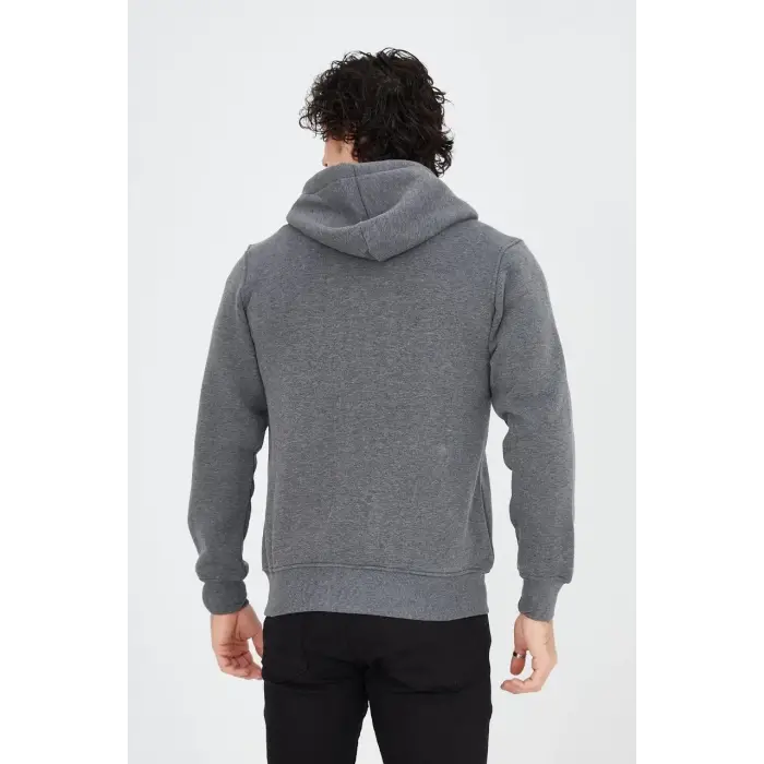 Erkek 3 İplik Pamuklu Kapüşonlu Tam Fermuarlı Cepli Hoodie Sweatshirt - Füme