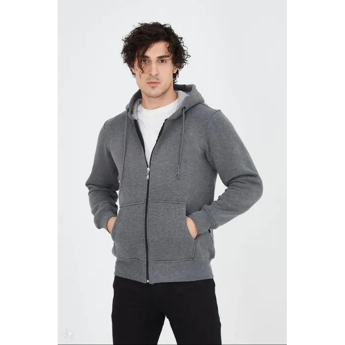 Erkek 3 İplik Pamuklu Kapüşonlu Tam Fermuarlı Cepli Hoodie Sweatshirt - Füme