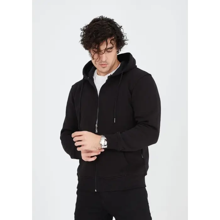 Erkek 3 İplik Pamuklu Kapüşonlu Tam Fermuarlı Cepli Hoodie Sweatshirt - Siyah
