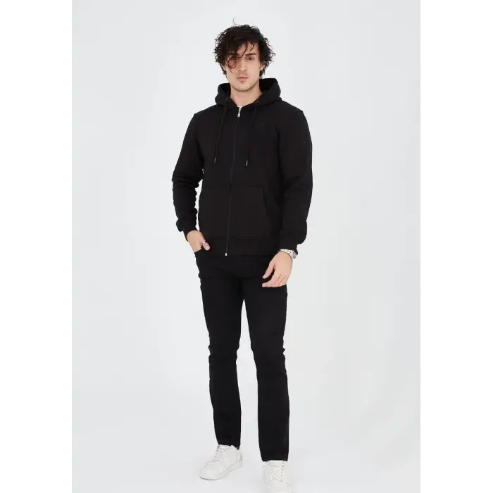 Erkek 3 İplik Pamuklu Kapüşonlu Tam Fermuarlı Cepli Hoodie Sweatshirt - Siyah
