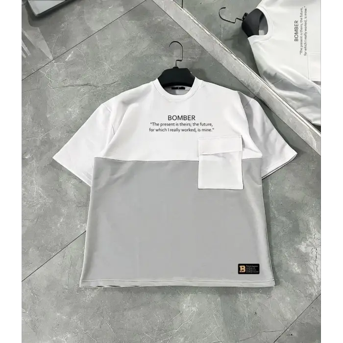 ERKEK Tişört Torba Cepli Parçalı Kısa Kol T-Shirt - Gri