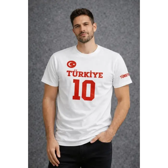 Erkek TÜRKİYE Ay Yıldız Baskılı 10 Numara Forma Tişört Taraftar T-Shirt - Beyaz