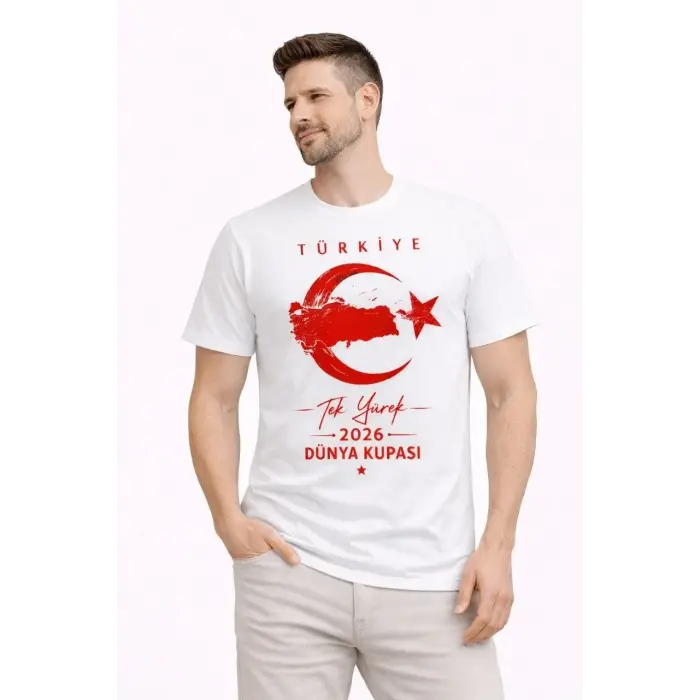 Erkek TÜRKİYE Ay Yıldız Baskılı Taraftar Forma T-Shirt - Beyaz