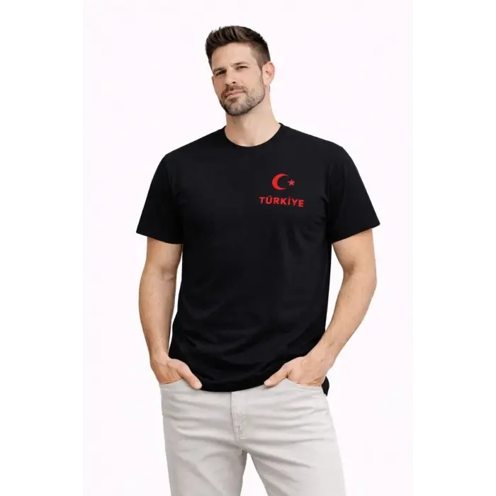 Erkek TÜRKİYE Ay Yıldız Baskılı Taraftar Forma T-Shirt - Siyah